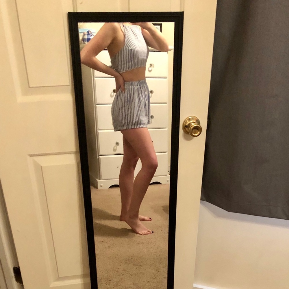 White & blue striped two piece set